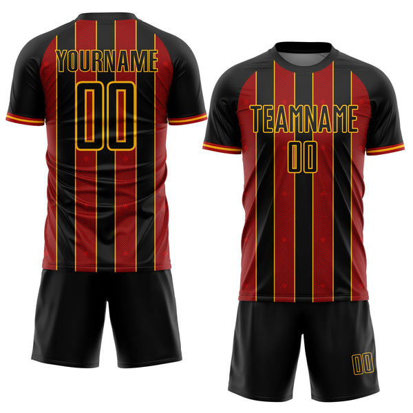 Custom Black Red-Gold Pinstripe Line Sports Sublimation Soccer Uniform Jersey alternate