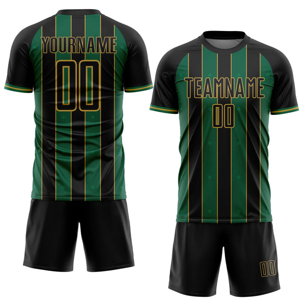 Custom Black Kelly Green-Old Gold Pinstripe Line Sports Sublimation Soccer Uniform Jersey alternate