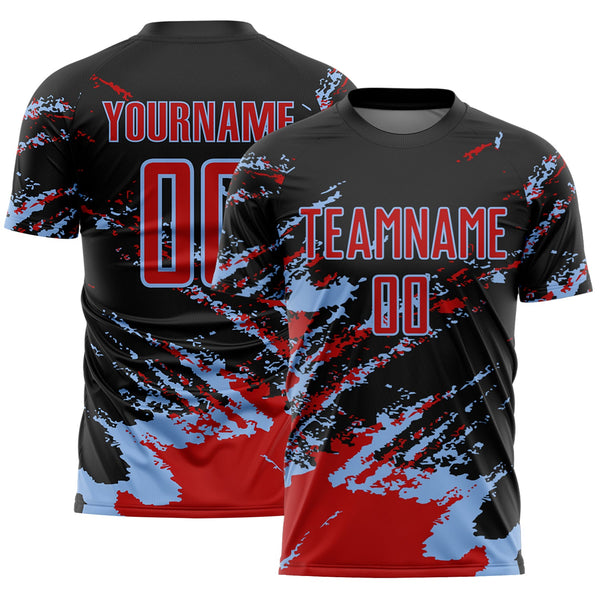 Custom Black Red-Light Blue Abstract Fragment Art Splash Sports Sublimation Soccer Uniform Jersey