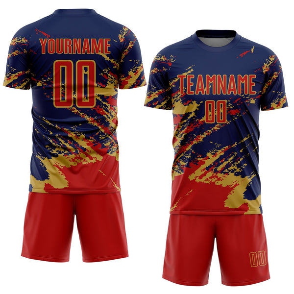 Custom Navy Red-Old Gold Abstract Fragment Art Splash Sports Sublimation Soccer Uniform Jersey alternate