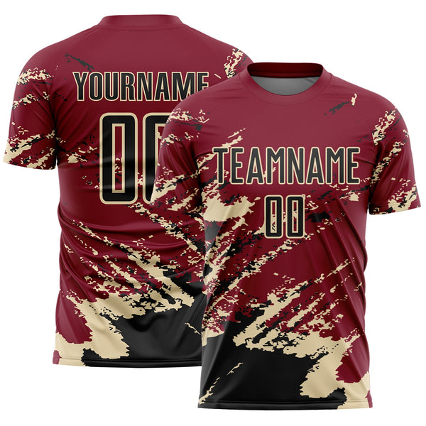 Custom Crimson Black-Cream Abstract Fragment Art Splash Sports Sublimation Soccer Uniform Jersey