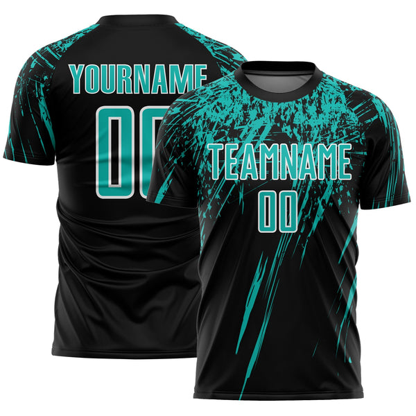 Custom Black Aqua-White Splash Sports Sublimation Soccer Uniform Jersey
