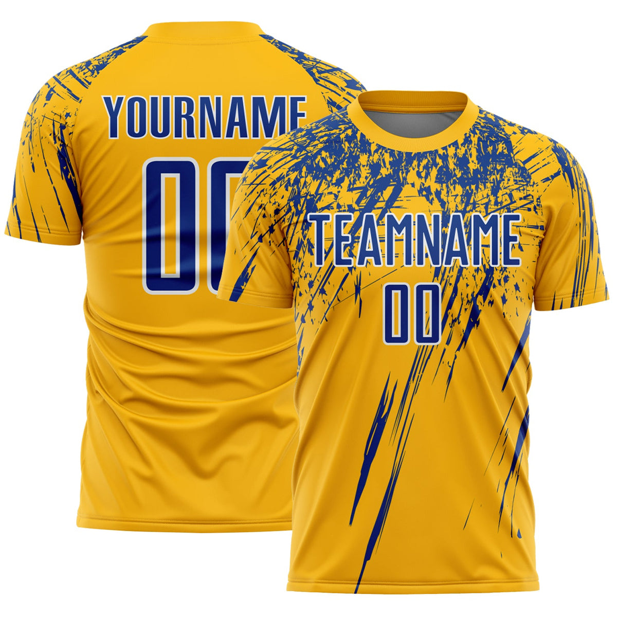 Custom Gold Royal-White Splash Sports Sublimation Soccer Uniform Jersey