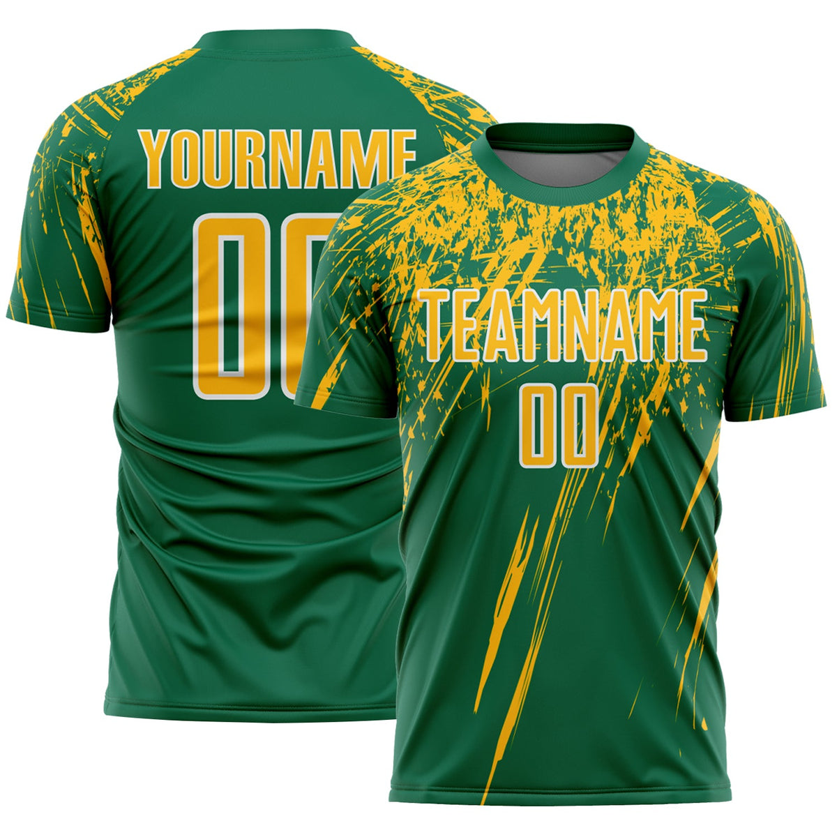 Custom Kelly Green Gold-White Splash Sports Sublimation Soccer Uniform Jersey