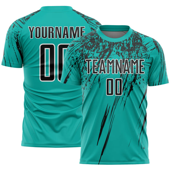 Custom Aqua Black-White Splash Sports Sublimation Soccer Uniform Jersey