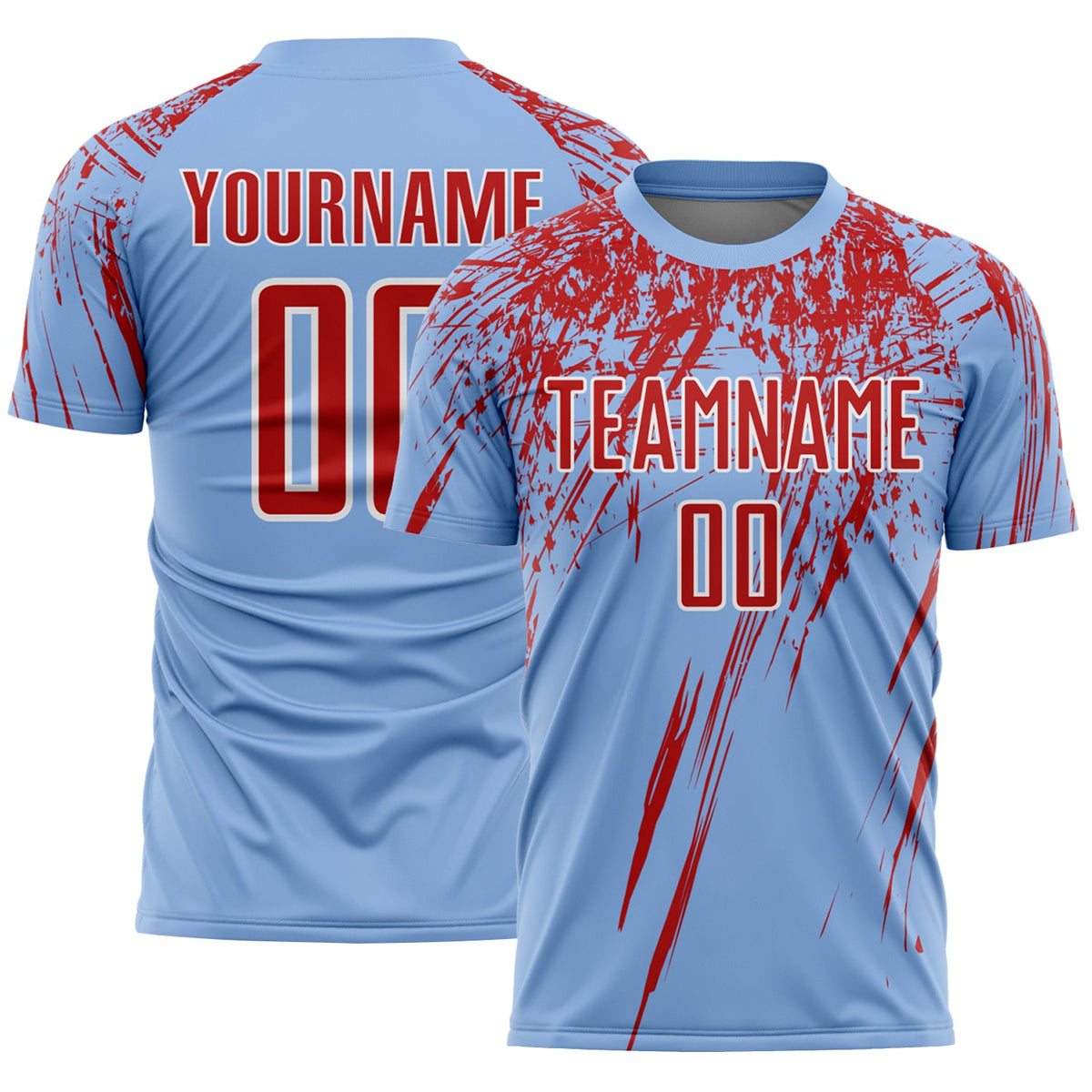 Custom Light Blue Red-White Splash Sports Sublimation Soccer Uniform Jersey