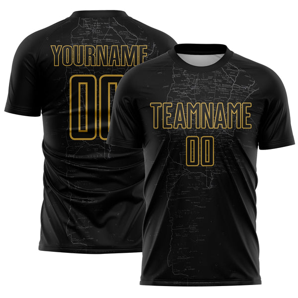 Custom Black Gray-Old Gold Map Outline Sports Sublimation Soccer Uniform Jersey