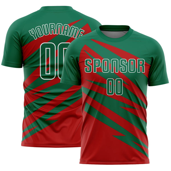 Custom Kelly Green Red-White Abstract Line Sports Sublimation Soccer Uniform Jersey