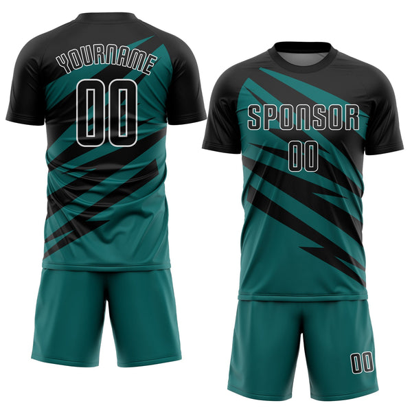 Custom Black Teal-White Abstract Line Sports Sublimation Soccer Uniform Jersey alternate