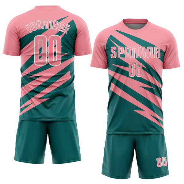 Custom Medium Pink Teal-White Abstract Line Sports Sublimation Soccer Uniform Jersey alternate