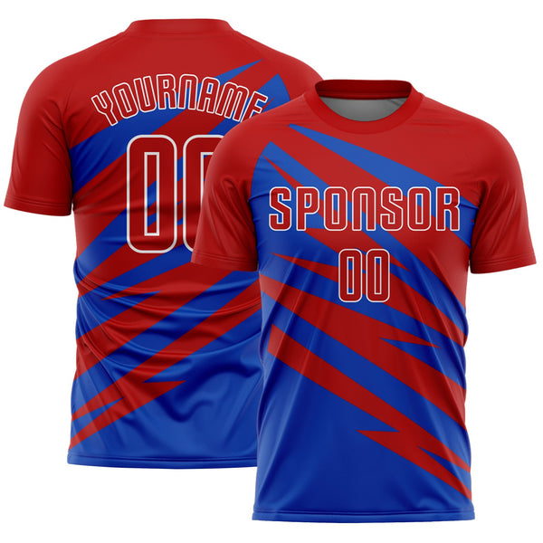 Custom Red Thunder Blue-White Abstract Line Sports Sublimation Soccer Uniform Jersey