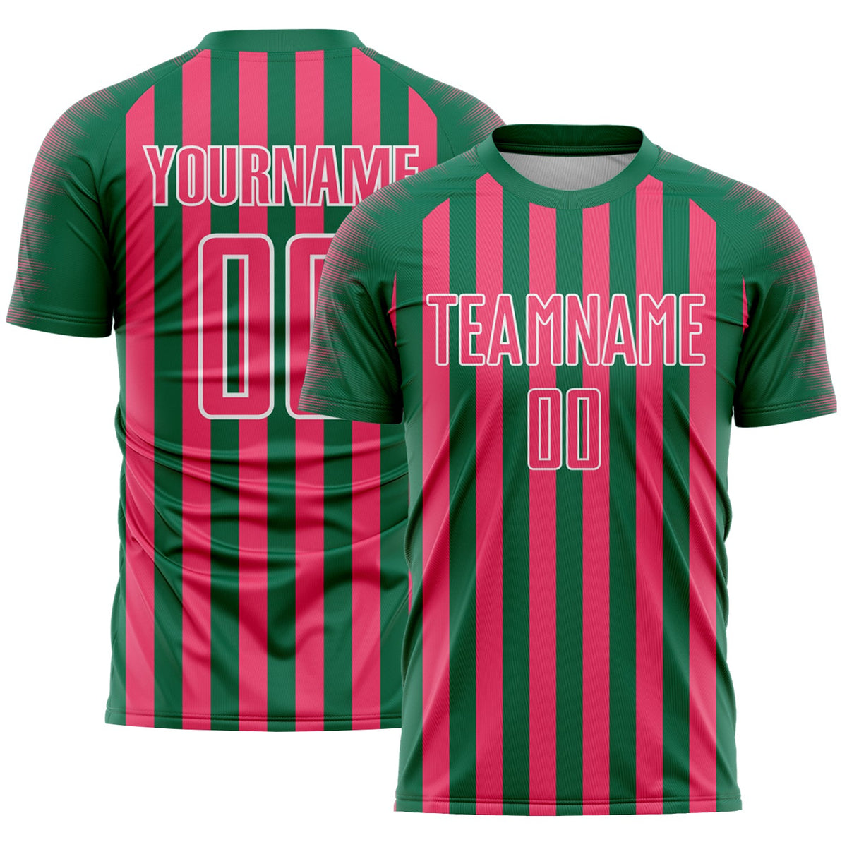 Custom Kelly Green Neon Pink-White Stripe Sports Sublimation Soccer Uniform Jersey