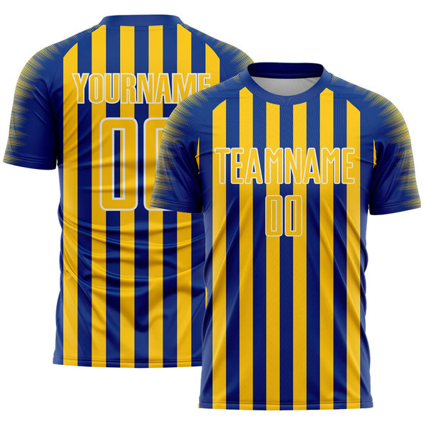 Custom Royal Yellow-White Stripe Sports Sublimation Soccer Uniform Jersey