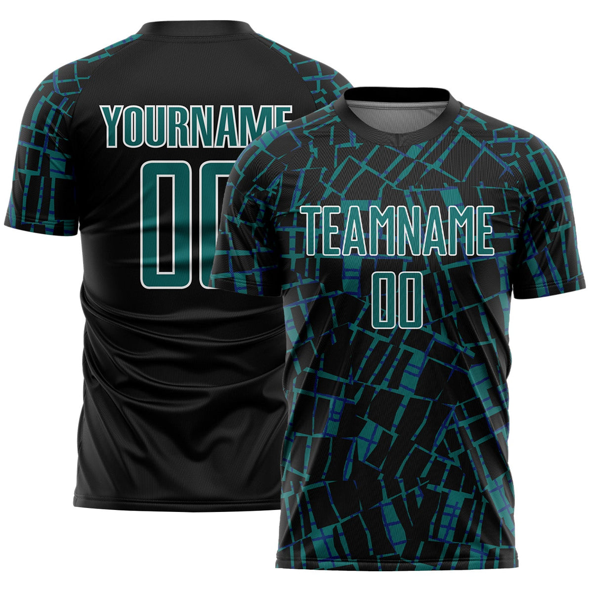 Custom Black Teal-White Abstract Line Sports Sublimation Soccer Uniform Jersey