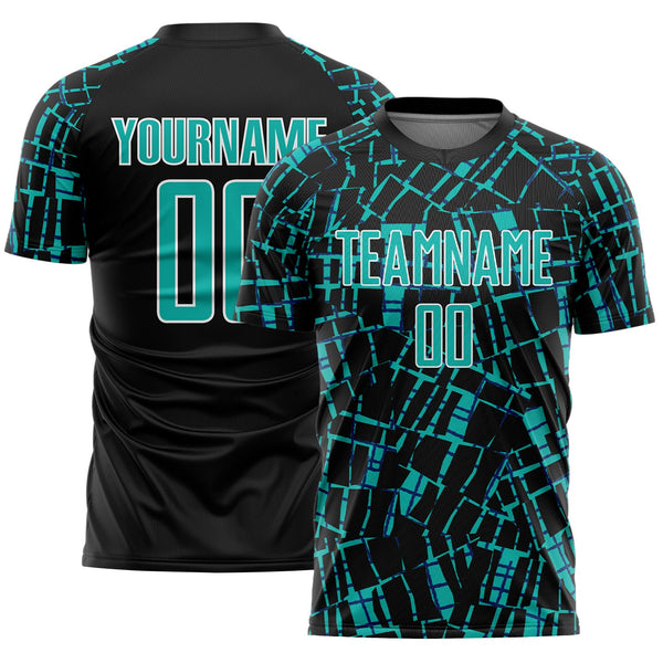 Custom Black Aqua-White Abstract Line Sports Sublimation Soccer Uniform Jersey
