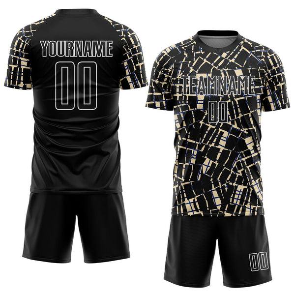 Custom Black Cream-White Abstract Line Sports Sublimation Soccer Uniform Jersey alternate