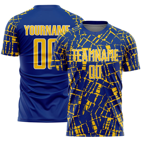 Custom Royal Yellow-White Abstract Line Sports Sublimation Soccer Uniform Jersey