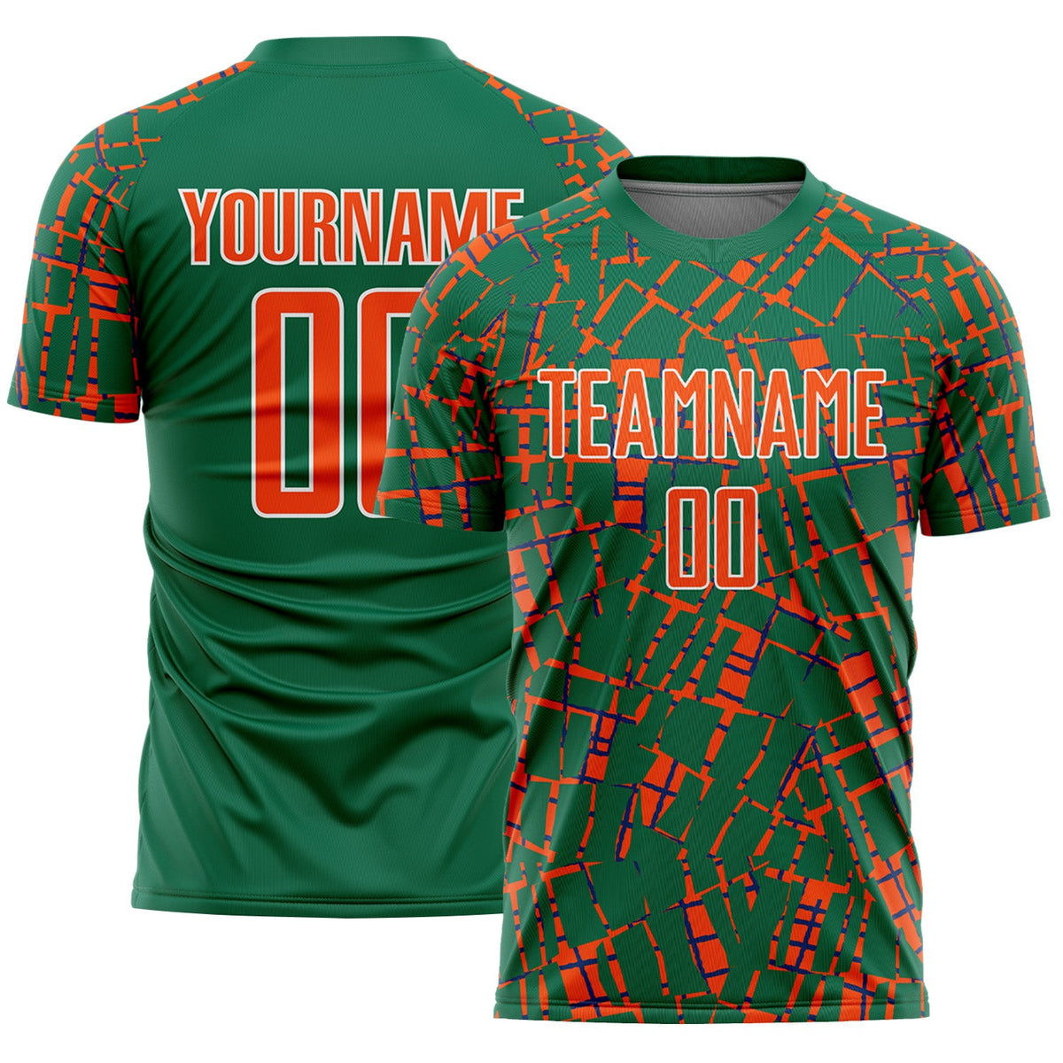 Custom Kelly Green Orange-White Abstract Line Sports Sublimation Soccer Uniform Jersey