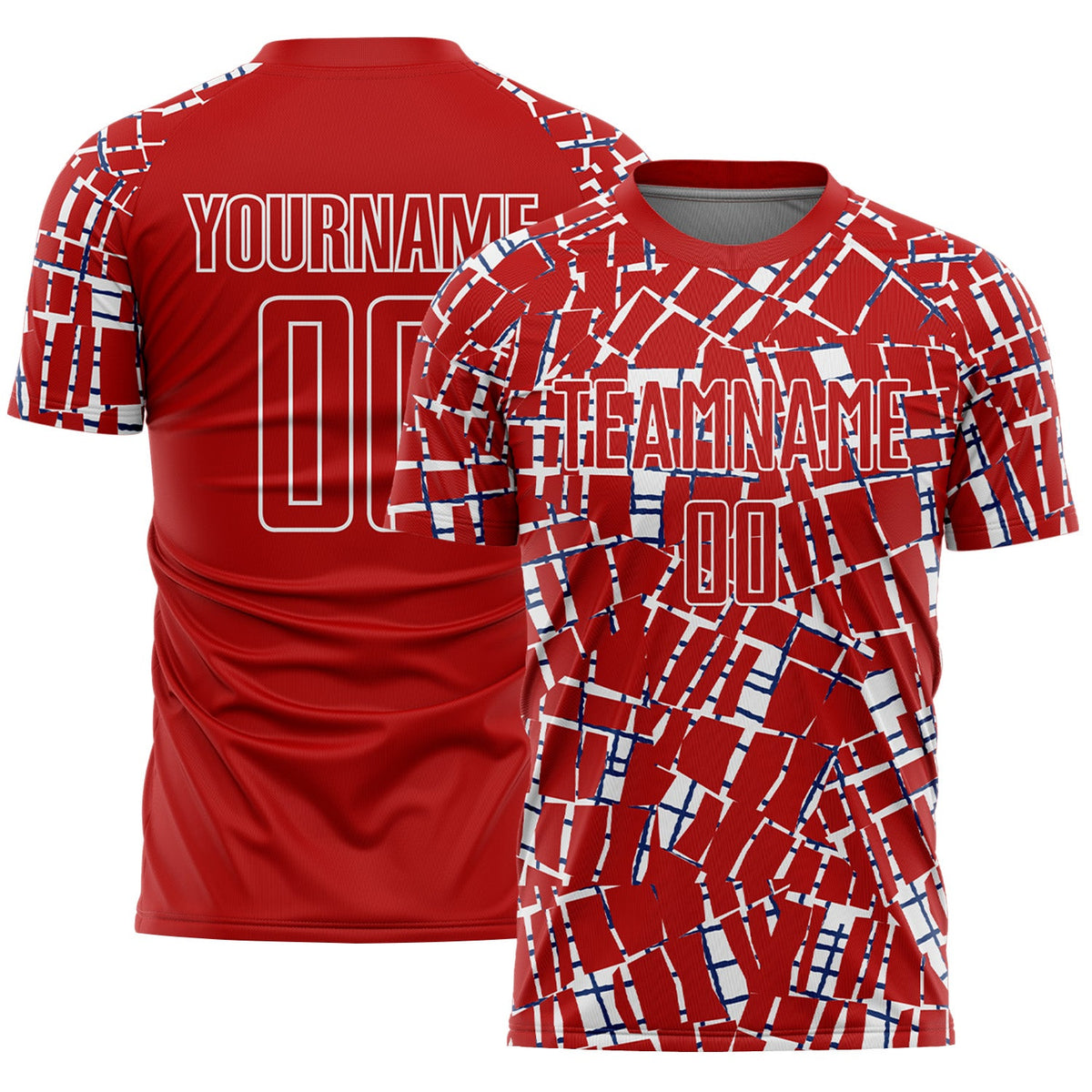 Custom Red White-Blue Abstract Line Sports Sublimation Soccer Uniform Jersey