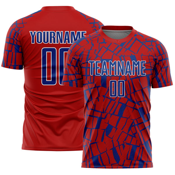 Custom Red Royal-White Abstract Line Sports Sublimation Soccer Uniform Jersey