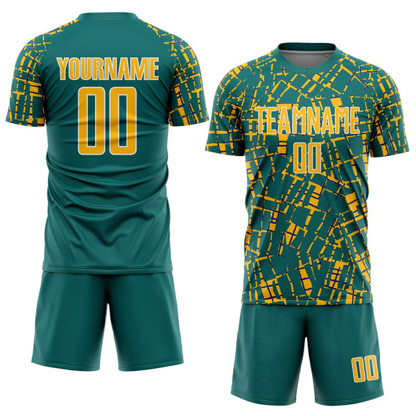 Custom Teal Gold-White Abstract Line Sports Sublimation Soccer Uniform Jersey alternate