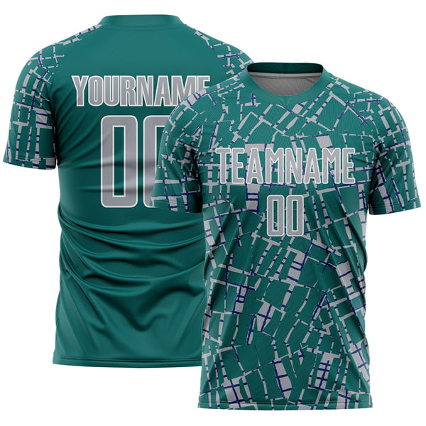 Custom Teal Gray-White Abstract Line Sports Sublimation Soccer Uniform Jersey