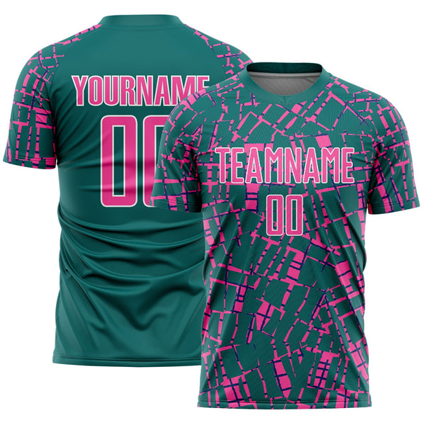 Custom Teal Pink-White Abstract Line Sports Sublimation Soccer Uniform Jersey