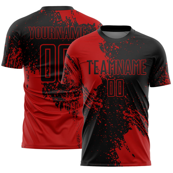 Custom Black Red Abstract Brush Stroke Sports Sublimation Soccer Uniform Jersey