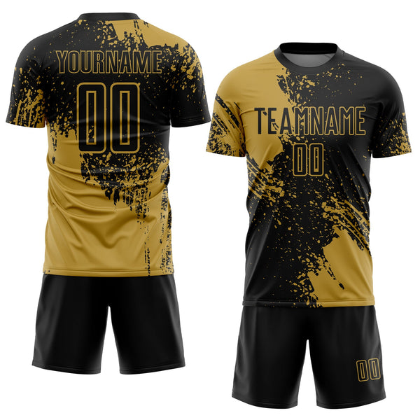 Custom Black Old Gold Abstract Brush Stroke Sports Sublimation Soccer Uniform Jersey alternate
