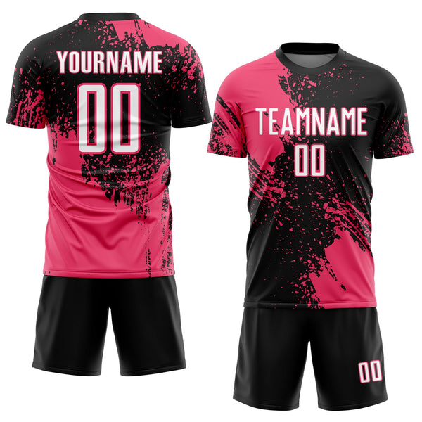Custom Black White-Neon Pink Abstract Brush Stroke Sports Sublimation Soccer Uniform Jersey alternate
