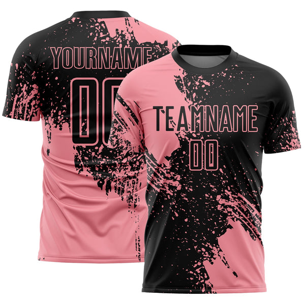 Custom Black Medium Pink Abstract Brush Stroke Sports Sublimation Soccer Uniform Jersey