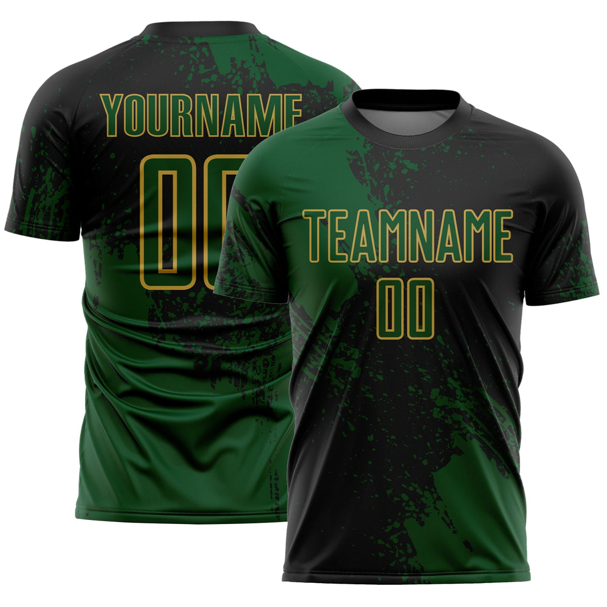 Custom Black Green-Old Gold Abstract Brush Stroke Sports Sublimation Soccer Uniform Jersey