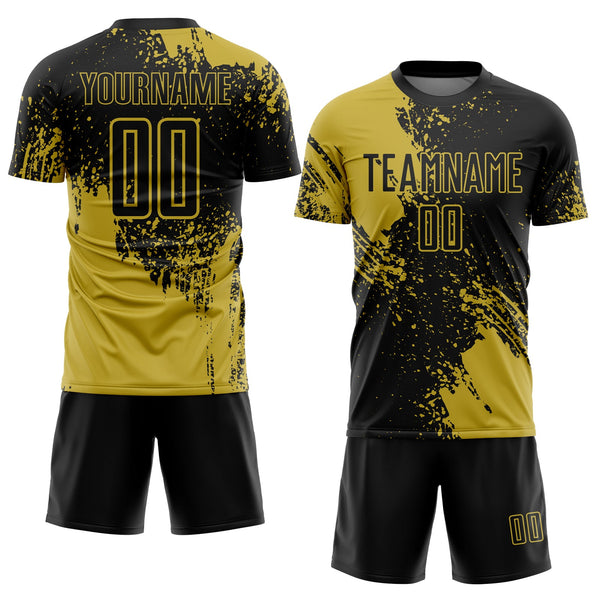 Custom Black Old Gold Abstract Brush Stroke Sports Sublimation Soccer Uniform Jersey alternate