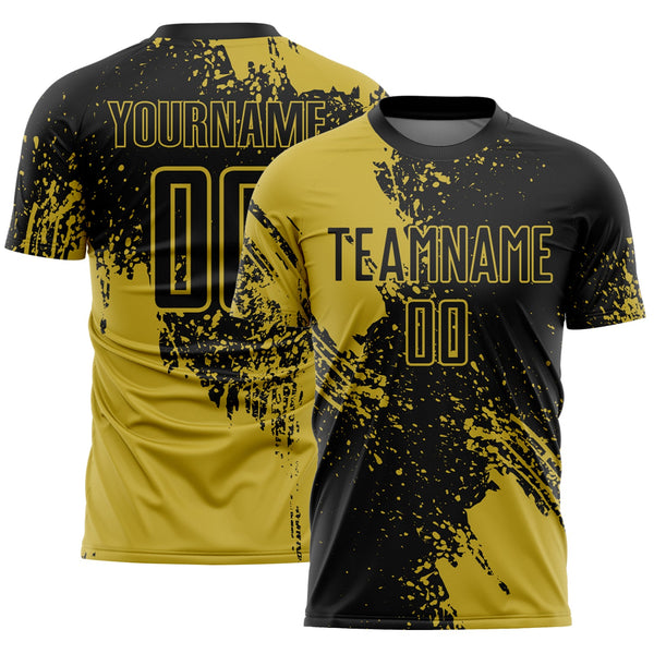 Custom Black Old Gold Abstract Brush Stroke Sports Sublimation Soccer Uniform Jersey