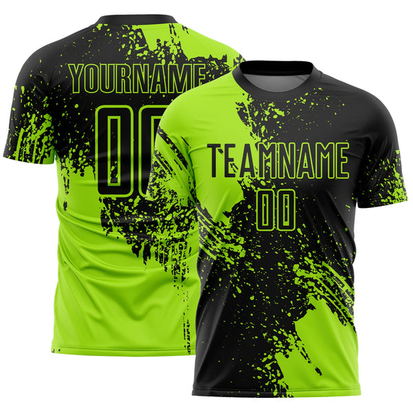 Custom Black Neon Green Abstract Brush Stroke Sports Sublimation Soccer Uniform Jersey