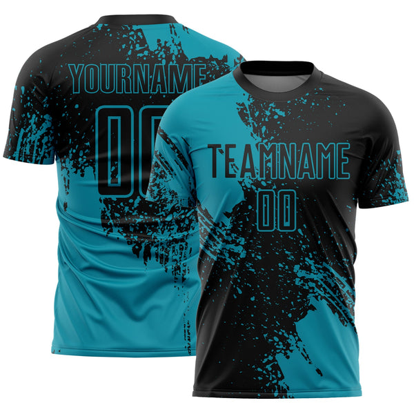 Custom Black Teal Abstract Brush Stroke Sports Sublimation Soccer Uniform Jersey