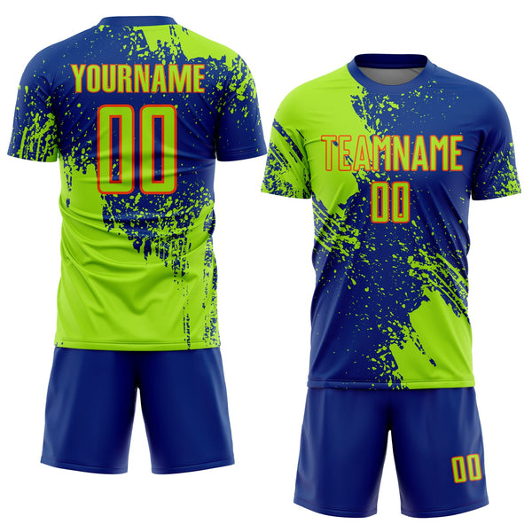 Custom Royal Neon Green-Orange Abstract Brush Stroke Sports Sublimation Soccer Uniform Jersey alternate