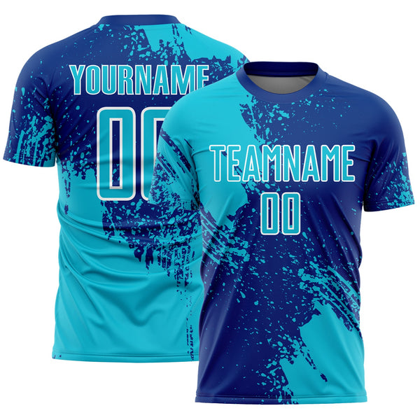 Custom Royal Lakes Blue-White Abstract Brush Stroke Sports Sublimation Soccer Uniform Jersey