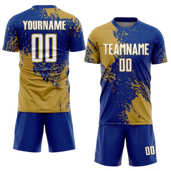 Custom Royal White-Old Gold Abstract Brush Stroke Sports Sublimation Soccer Uniform Jersey alternate