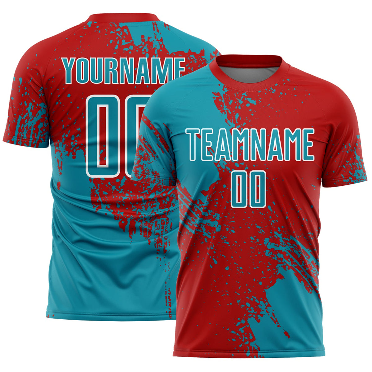 Custom Red Teal-White Abstract Brush Stroke Sports Sublimation Soccer Uniform Jersey