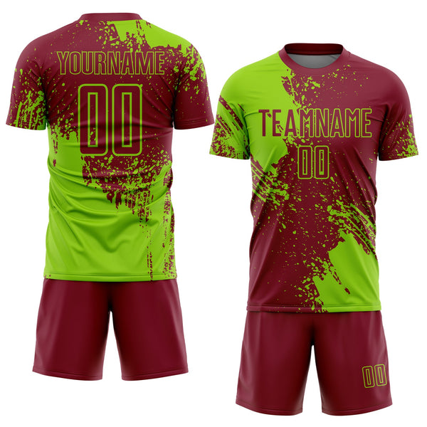 Custom Crimson Neon Green Abstract Brush Stroke Sports Sublimation Soccer Uniform Jersey alternate