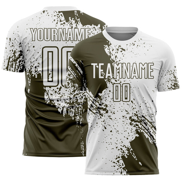 Custom White Olive Abstract Brush Stroke Sports Sublimation Soccer Uniform Jersey