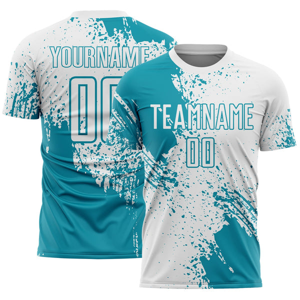 Custom White Teal Abstract Brush Stroke Sports Sublimation Soccer Uniform Jersey