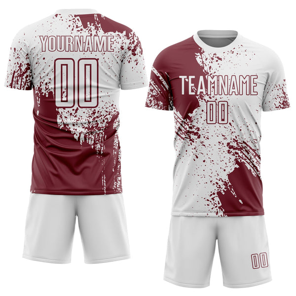 Custom White Burgundy Abstract Brush Stroke Sports Sublimation Soccer Uniform Jersey alternate