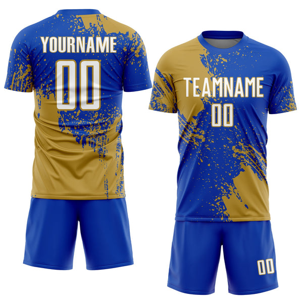 Custom Thunder Blue White-Old Gold Abstract Brush Stroke Sports Sublimation Soccer Uniform Jersey alternate