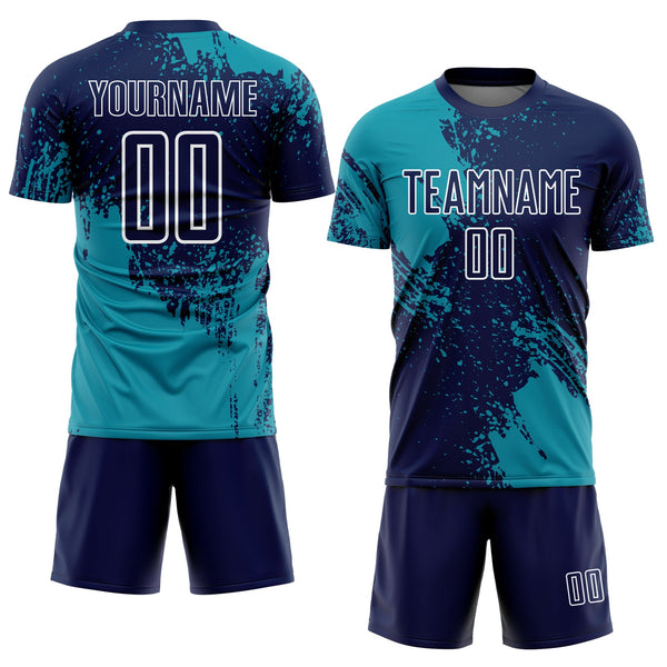 Custom Navy Teal-White Abstract Brush Stroke Sports Sublimation Soccer Uniform Jersey alternate