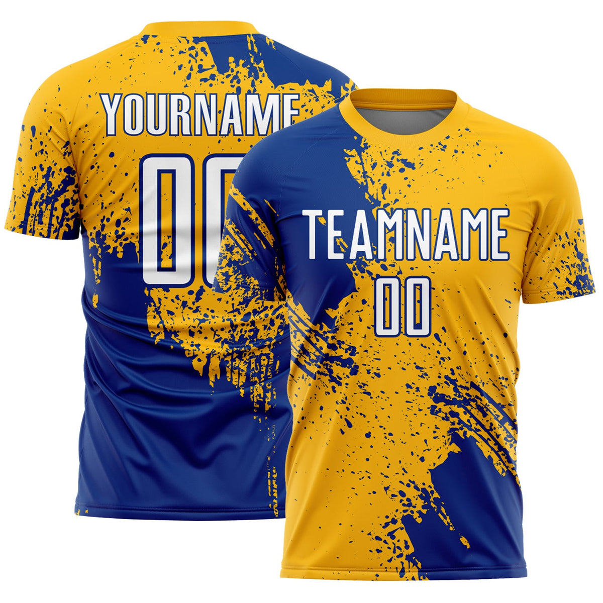 Custom Gold White-Royal Abstract Brush Stroke Sports Sublimation Soccer Uniform Jersey