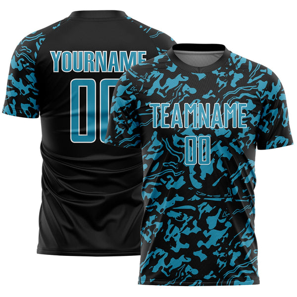 Custom Black Panther Blue-White Liquid Fluid Pattern Sports Sublimation Soccer Uniform Jersey