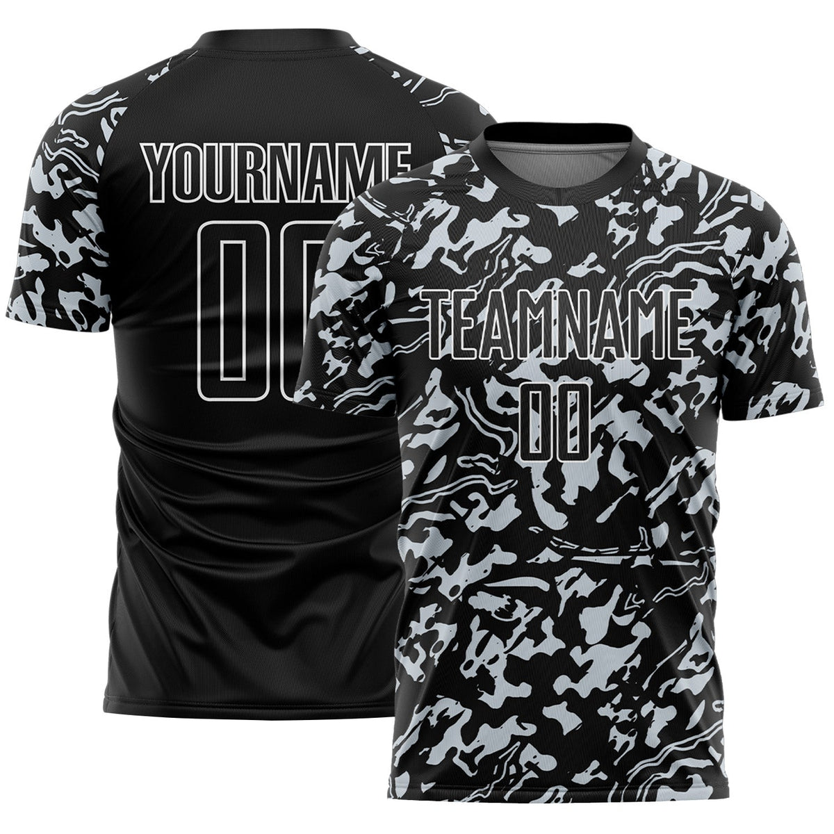 Custom Black Silver-White Liquid Fluid Pattern Sports Sublimation Soccer Uniform Jersey