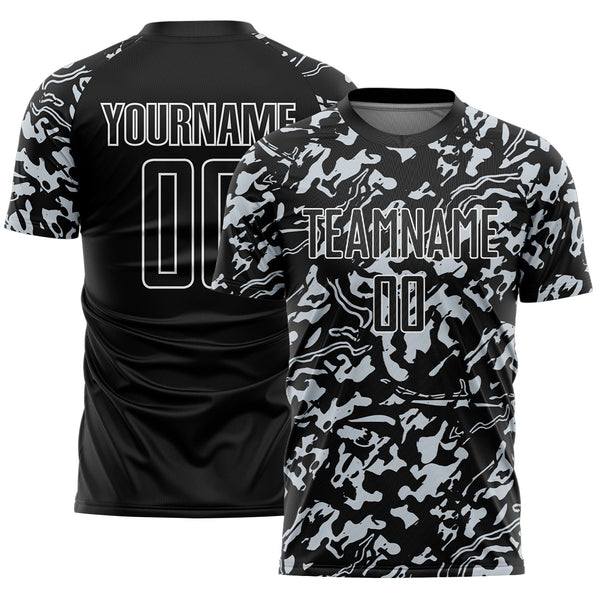Custom Black Silver-White Liquid Fluid Pattern Sports Sublimation Soccer Uniform Jersey